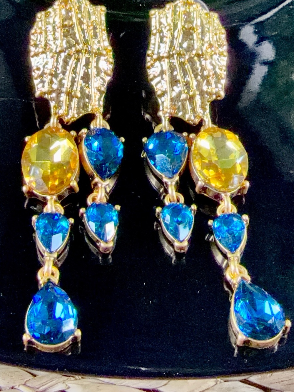 Oscar de la Renta Gold Tone Drop Earrings Citrine /Capri Blue Crystals⭐️ CLIP ON - Picture 7 of 12